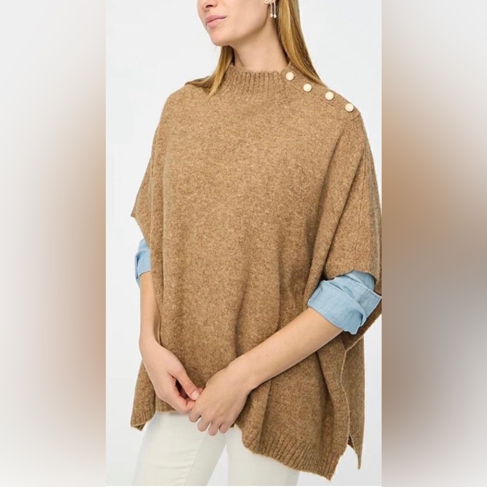 J. Crew Camel Button Side Poncho Turtleneck Sweater Wool Blend- Brown Camel
